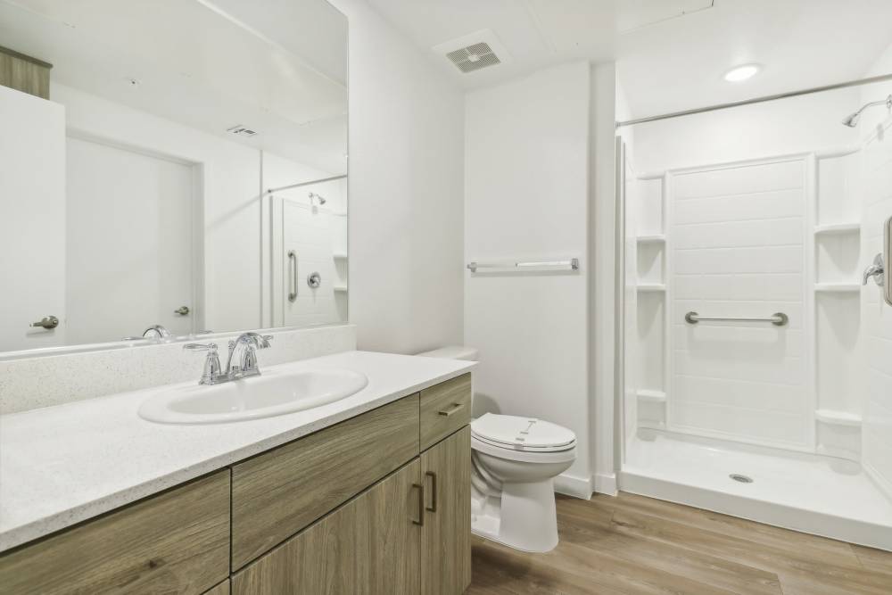 Bathroom with large mirror at Tempo in Las Vegas Nevada