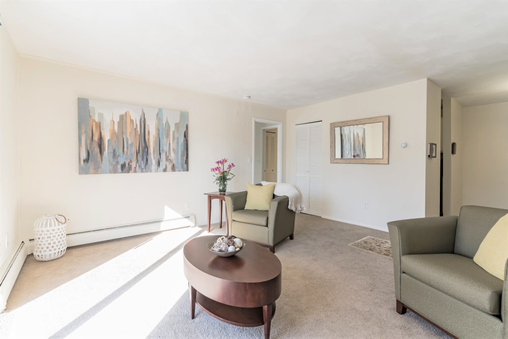 Spacious living room in apartment at { Park Village West in Westborough, Massachusetts