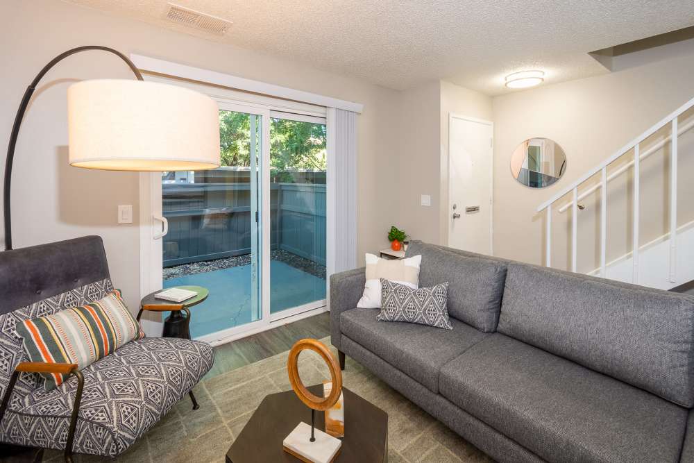 Furnished living room in model home at  The Marq in Santa Rosa, California