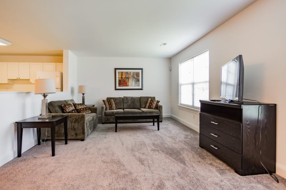 Furnished apartment living room at The Fairways Apartments and Townhomes in Thorndale, Pennsylvania