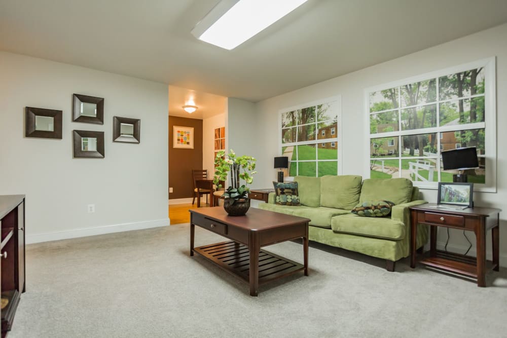 Model living room at Melrose Station Apartments in Elkins Park, Pennsylvania