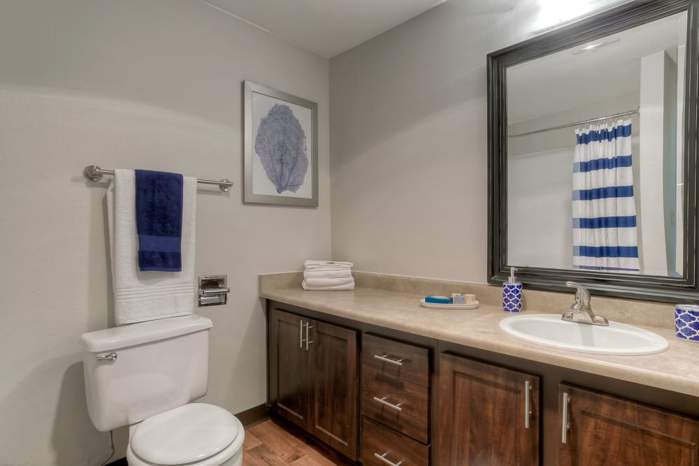 Bathroom with espresso cabinets at Newport Crossing Apartments in Newcastle, Washington