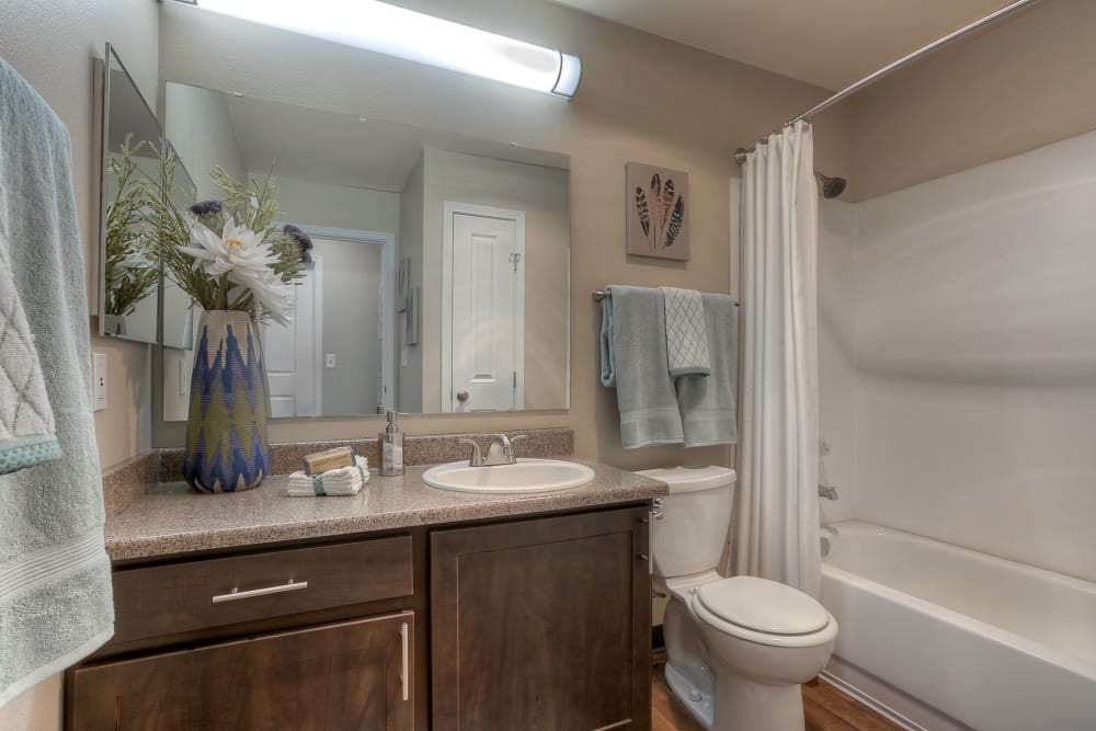 A bathroom with plenty of counter space at Pebble Cove Apartments in Renton, Washington