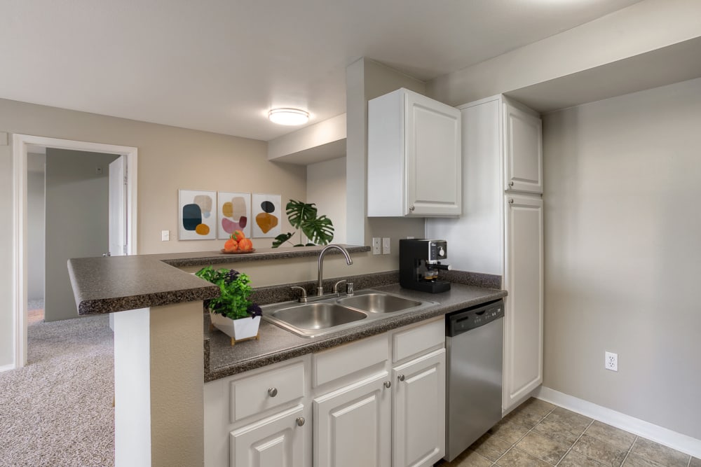 Kitchen with granite-style counter tops at Pebble Cove Apartments in Renton, Washington