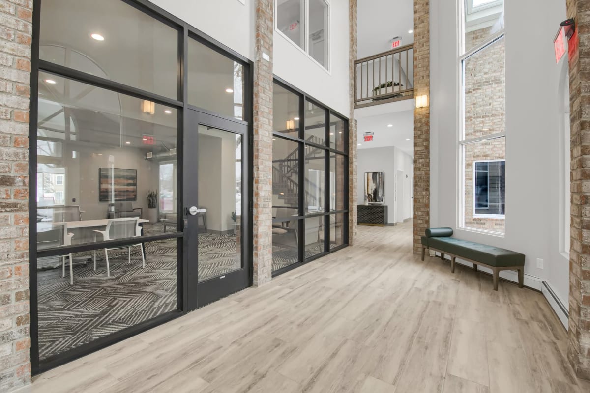 Modern clubhouse with tall ceilings at Vicksburg Village in Plymouth, Minnesota