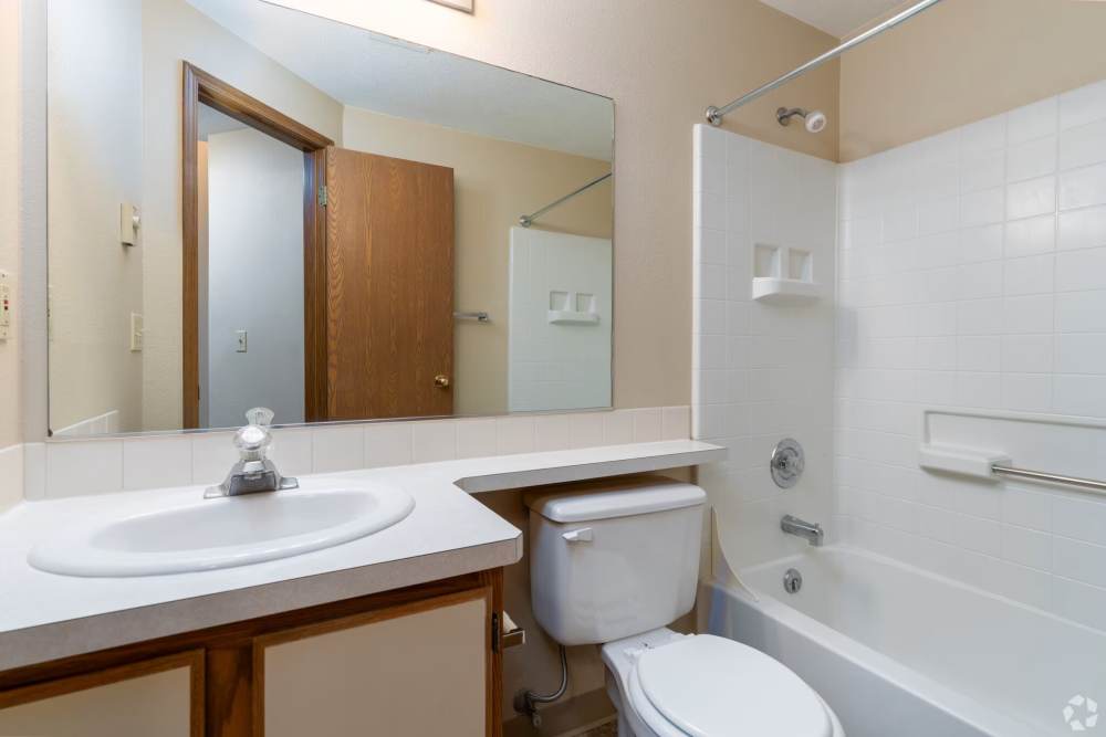 Bathroom with modern details at Stonecrest Apartments in Spokane, Washington