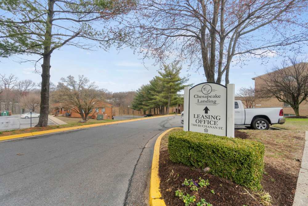 Entrance of the apartments with signage board at Chesapeake Landing Apartments in Landover Hills, Maryland