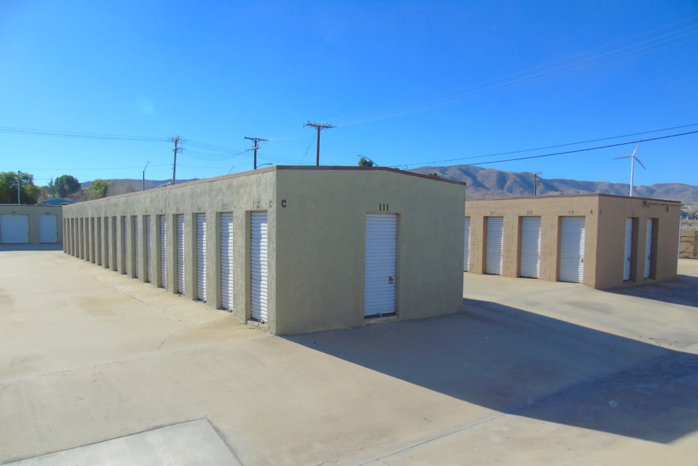 Outdoor drive-up access storage units at A-American Self Storage in Palmdale, California