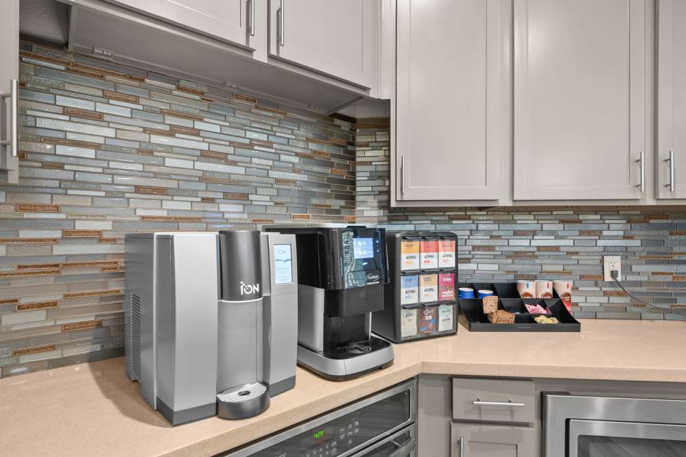 Coffee machine in clubhouse kitchen at The Loop in Conroe, Texas