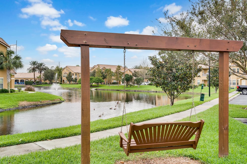 Chair swing with great view of water at Palms at World Gateway in Orlando, Florida