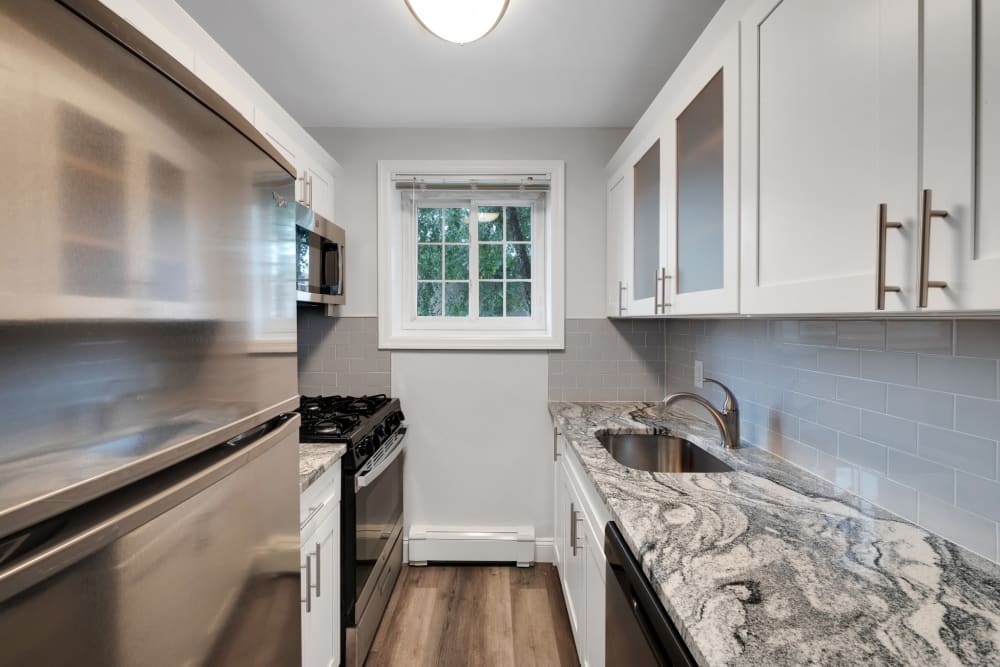 Sleek modern kitchen with stainless appliances at Eagle Rock Apartments at Carle Place in Carle Place, New York