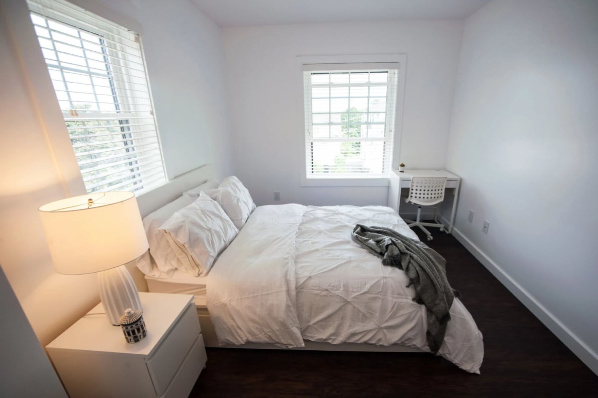 Model student bedroom at Campus Prime in Syracuse, New York