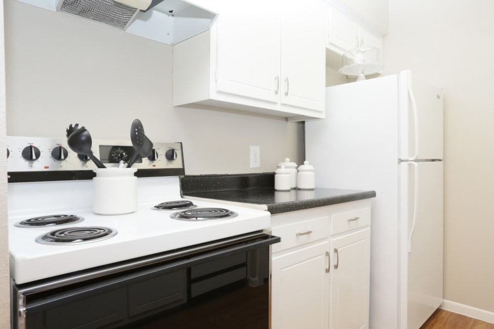 Retro-style kitchen appliances at Brittany Place Apartments in Houston, Texas