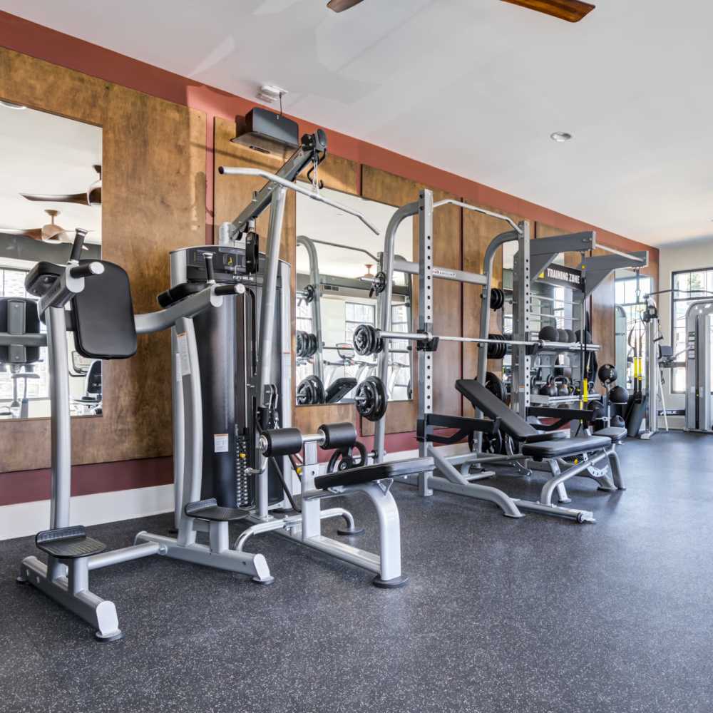 Fitness center with weight machines at Continuum 115 in Mooresville, North Carolina
