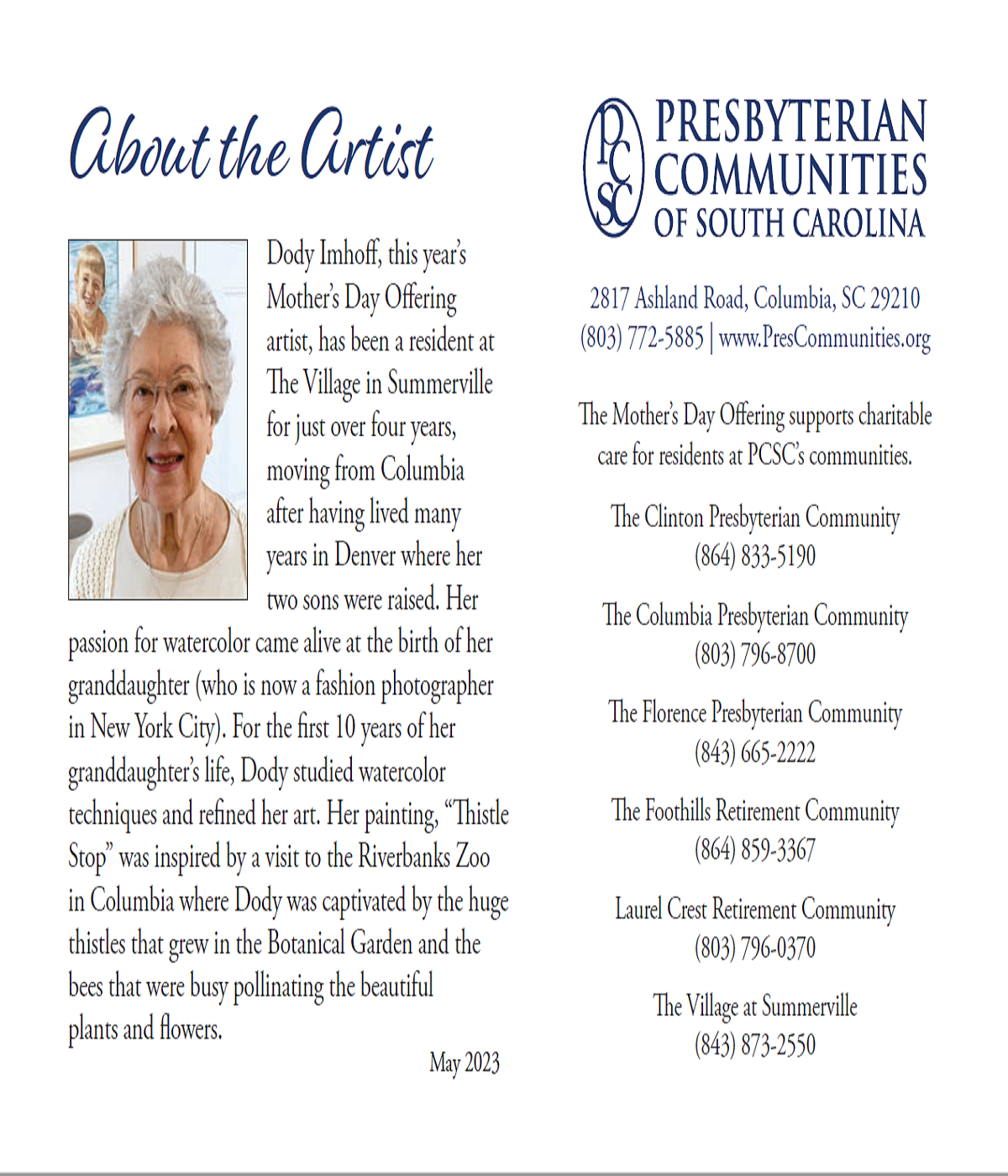 About the artist of the Mother's Day Offering card at Presbyterian Communities of South Carolina
