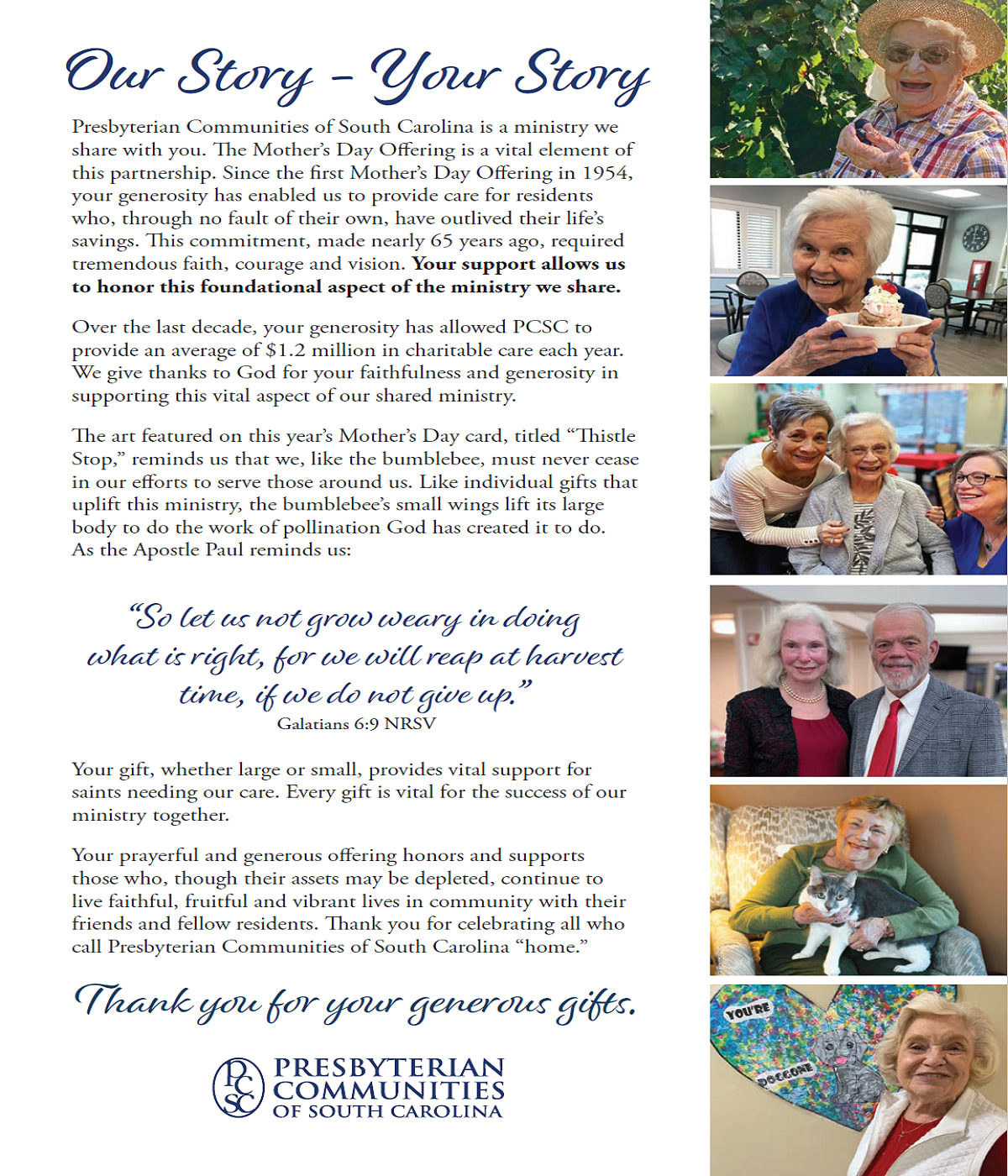 The story in the card about the Mother's Day Offering at Presbyterian Communities of South Carolina