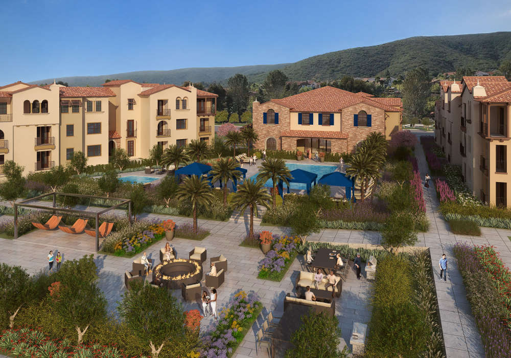 Drone view of community at The Courtyards Pacific Village in San Diego, California