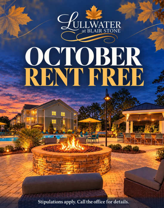 Special offer graphic showing pool and interior photos at Lullwater at Blair Stone in Tallahassee, Florida  