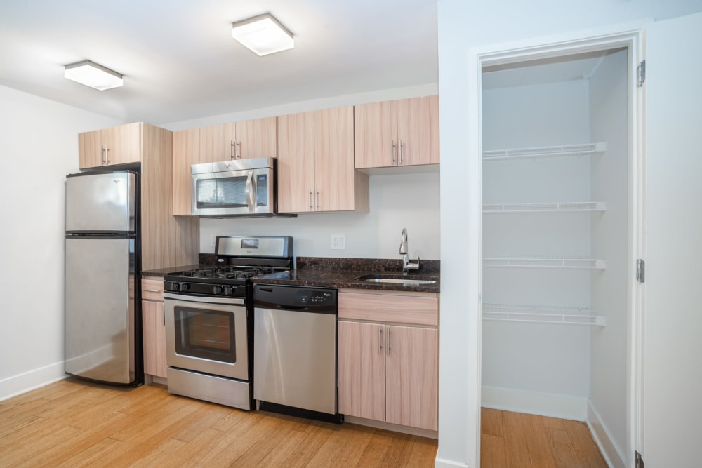 Kitchen space with modern appliances at Adams View in Washington, District of Columbia