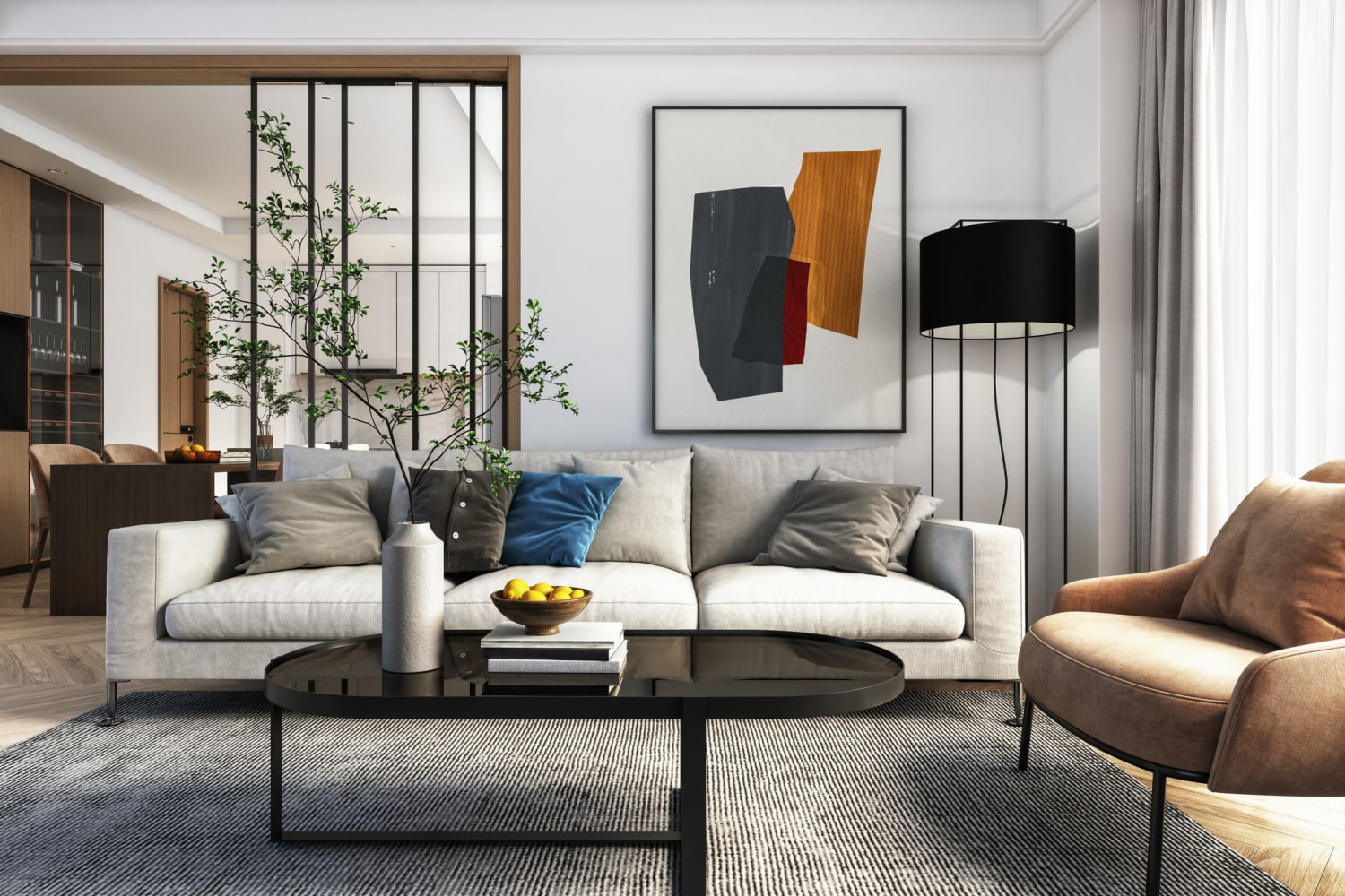 Apartment living room with abstract art on the walls at 1510 Belleville in Richmond, Virginia