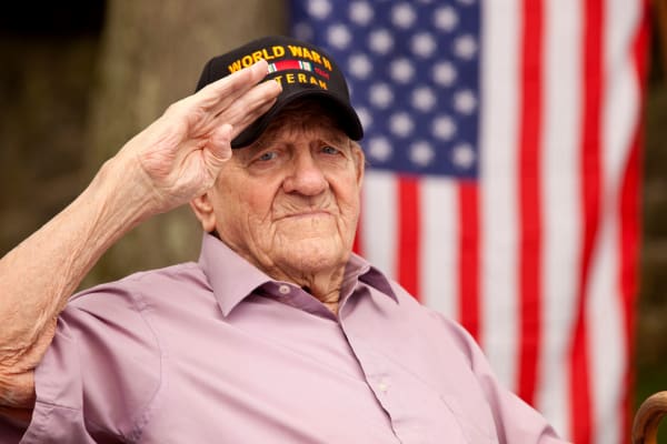 A resident saluting at Clearwater Agritopia in Gilbert, Arizona