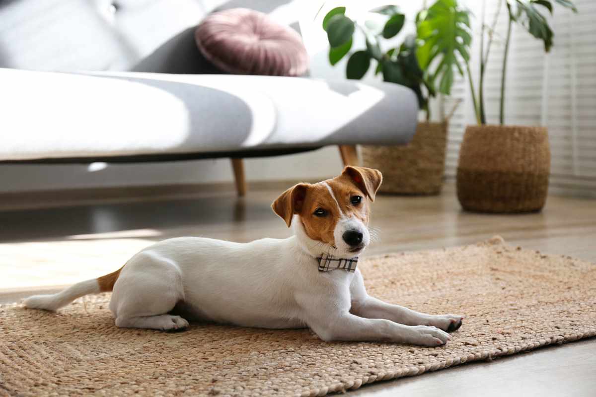 Puppy relaxing on a rug at Whistler's Cove in Mount Airy, North Carolina