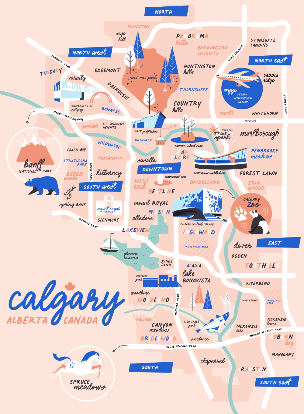 Illustrated map of Calgary neighbourhoods and landmarks.