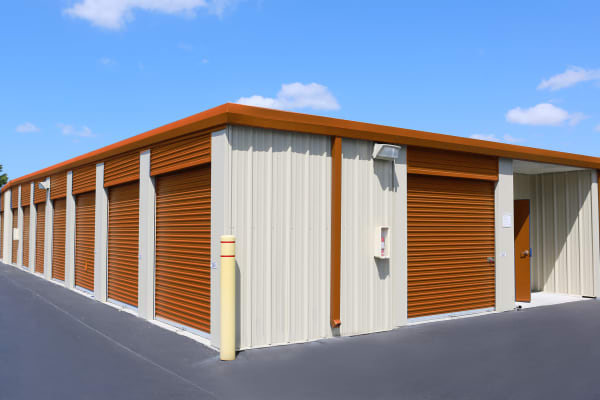 Storage units with purple doors at Friendly Self Storage in Gypsum, Colorado