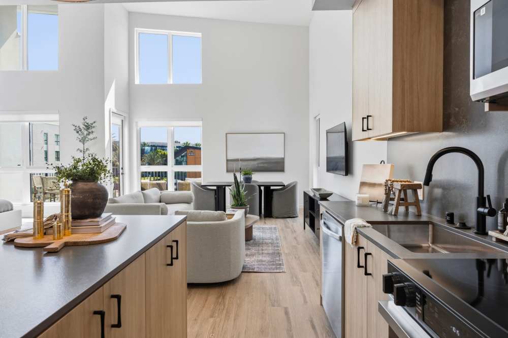 Spacious kitchen and living room at Haven and Arrow in Rancho Cucamonga, California