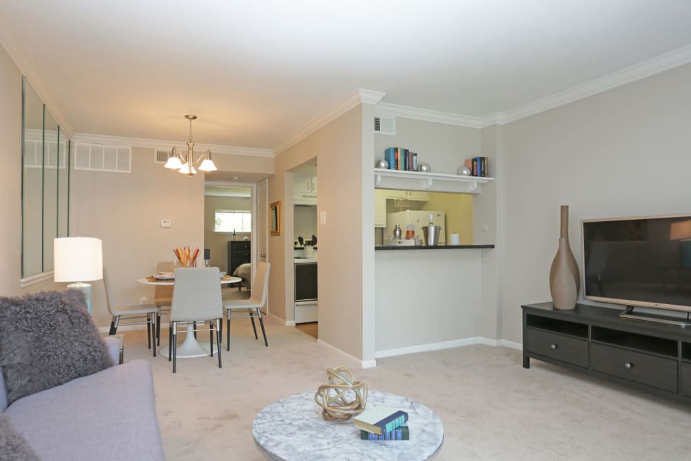 Living and dining rooms are connected in this open-concept floor plan in Houston, Texas