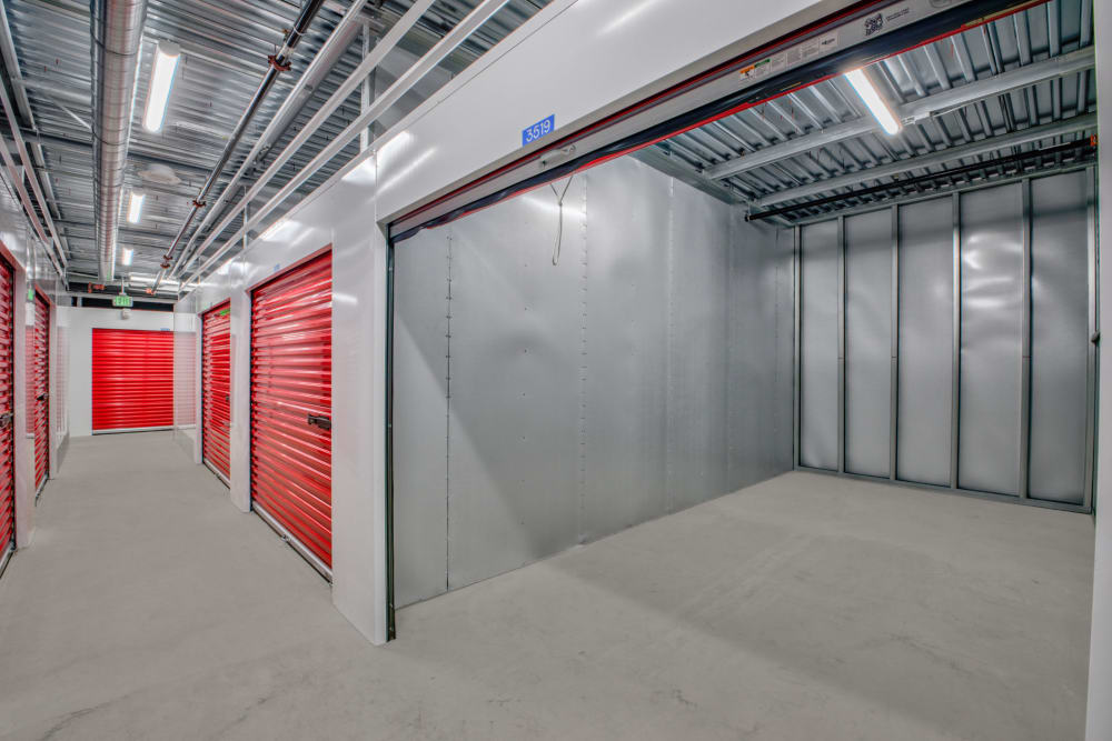 Ground floor storage units with open doors at Trojan Storage of Glendale in Glendale, California