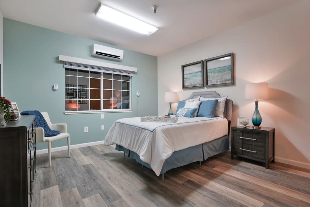 Bedroom in apartment at MuirWoods Memory Care in Petaluma, California