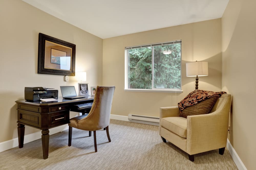 Desk and table in senior apartment at Mountlake Terrace Plaza in Mountlake Terrace, Washington