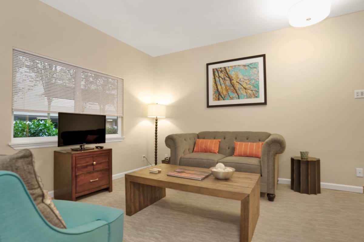 Senior living apartment living room at Island House in Mercer Island, Washington