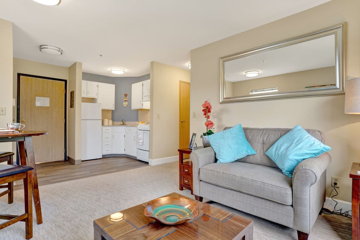 Senior living apartment living room at Mountlake Terrace Plaza in Mountlake Terrace, Washington