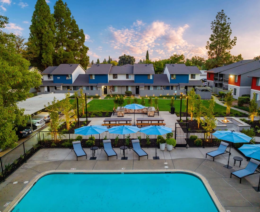 Aerial view of pool and patio at  The Mews At Dixon Farms in Dixon, California