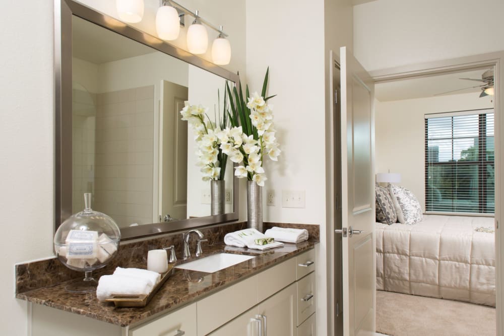 Bathroom amenities at Olympus at Memorial in Houston, Texas
