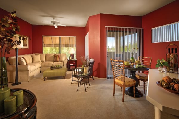 Living room in model home at Waterside at Ocotillo in Chandler, Arizona