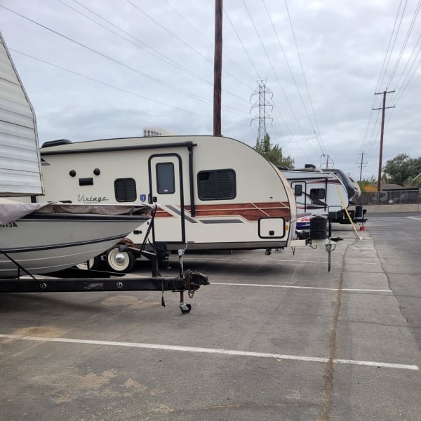 Boats and trailers parked at StorQuest Self Storage in Bakersfield, California