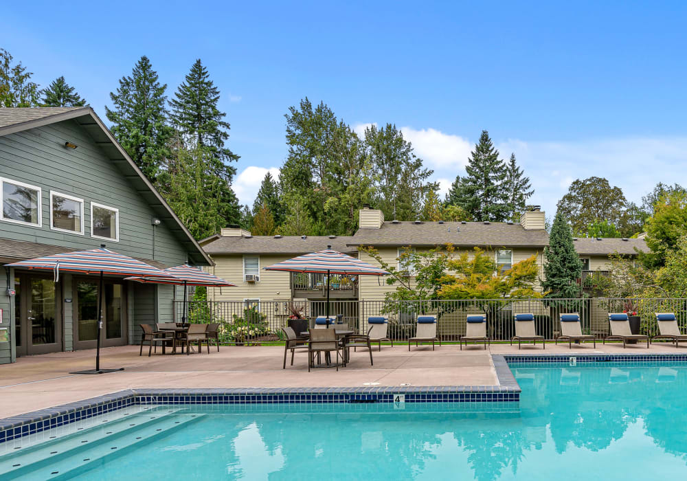 Water feature surrounded by flowers at Terra at Hazel Dell in Vancouver, Washington