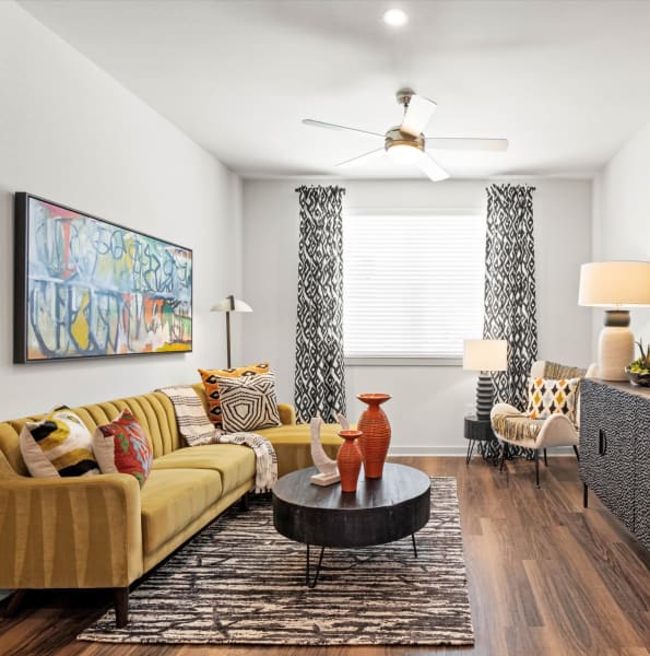 Bright, well decorated living room at 32Hundred Windsor in Denton, Texas