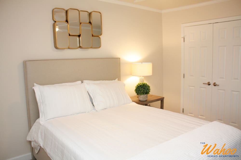 Well-decorated modern bedroom space at University Heights in Charlottesville, Virginia