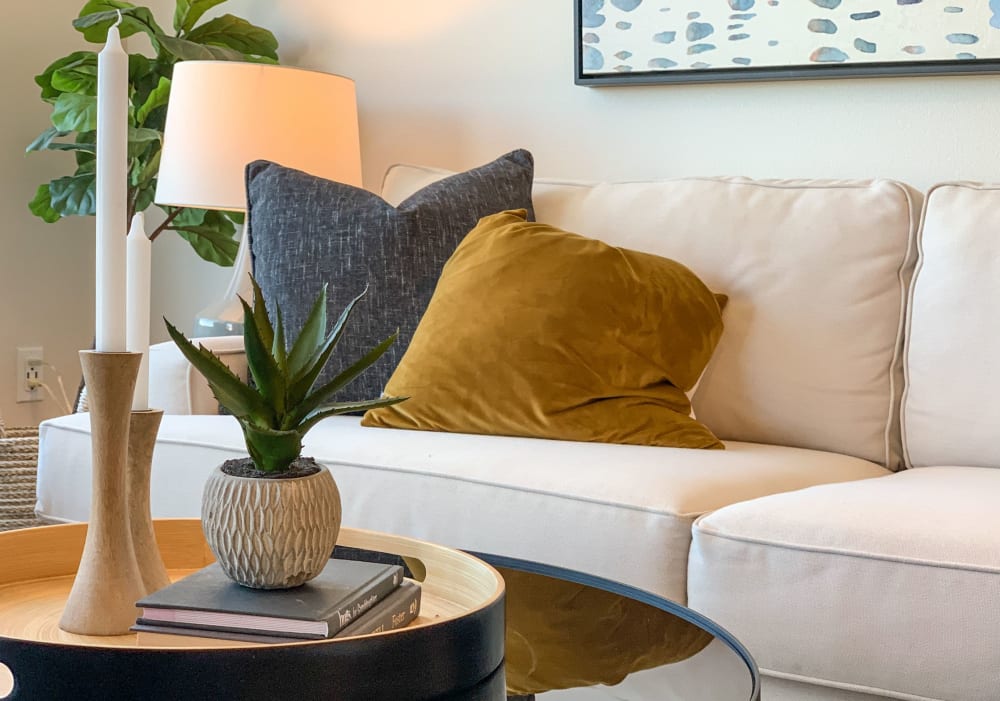 Bright and well decorated living room at Acqua Apartmentsin Portland, Oregon