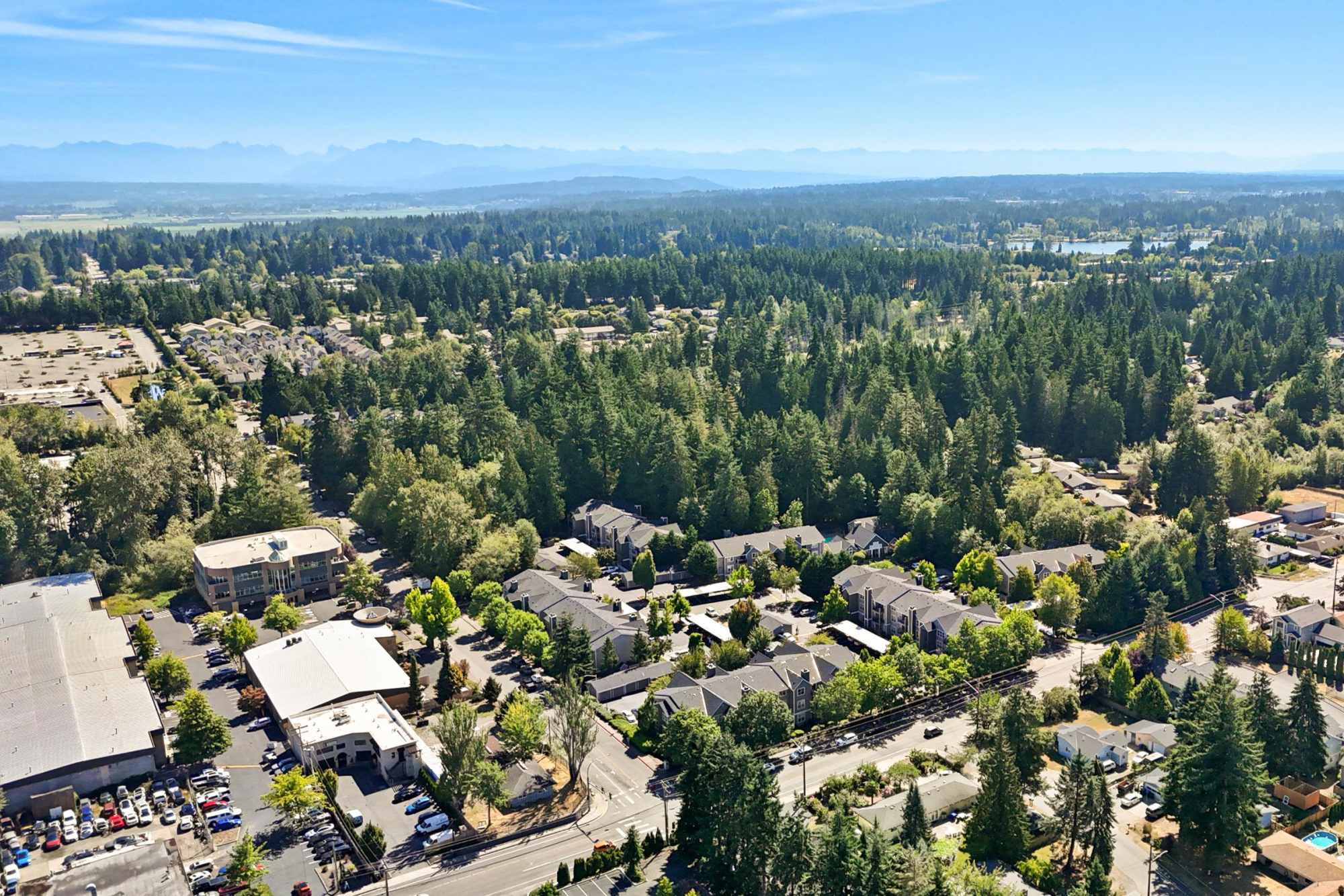 Aerial view of the property and surrounding area at Wildreed Apartments in Everett, Washington
