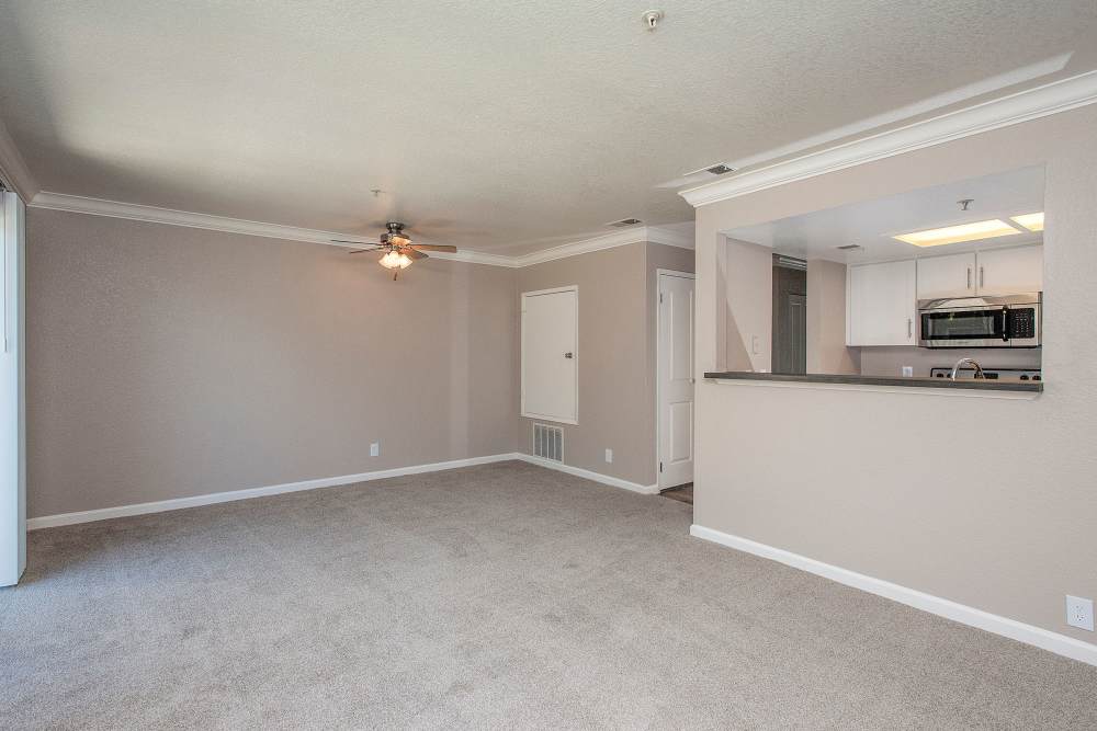 Carpet floored living room with air conditioning at Sandpiper Village Apartment Homes in Vacaville,California