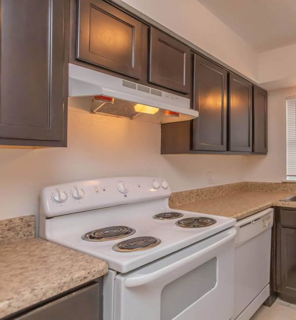 Kitchen with dishwasher and range at Serenity Apartments in Leesburg, Florida