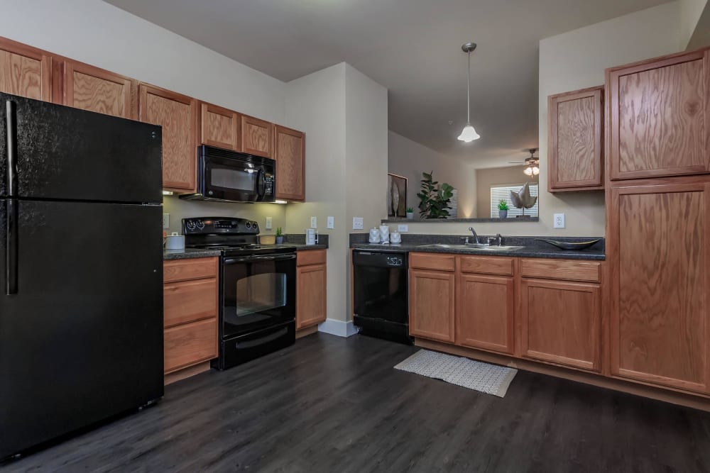 Kitchen with black appliances at Lotus Village in Austin, Texas