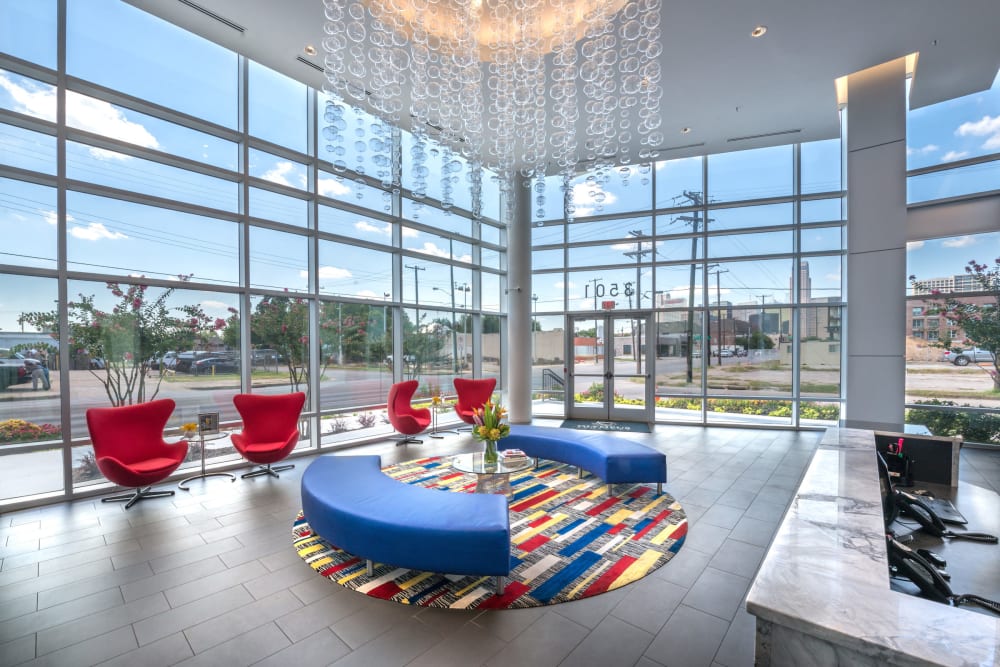 Modern architecture and decor in the resident clubhouse at Olympus at Ross in Dallas, Texas