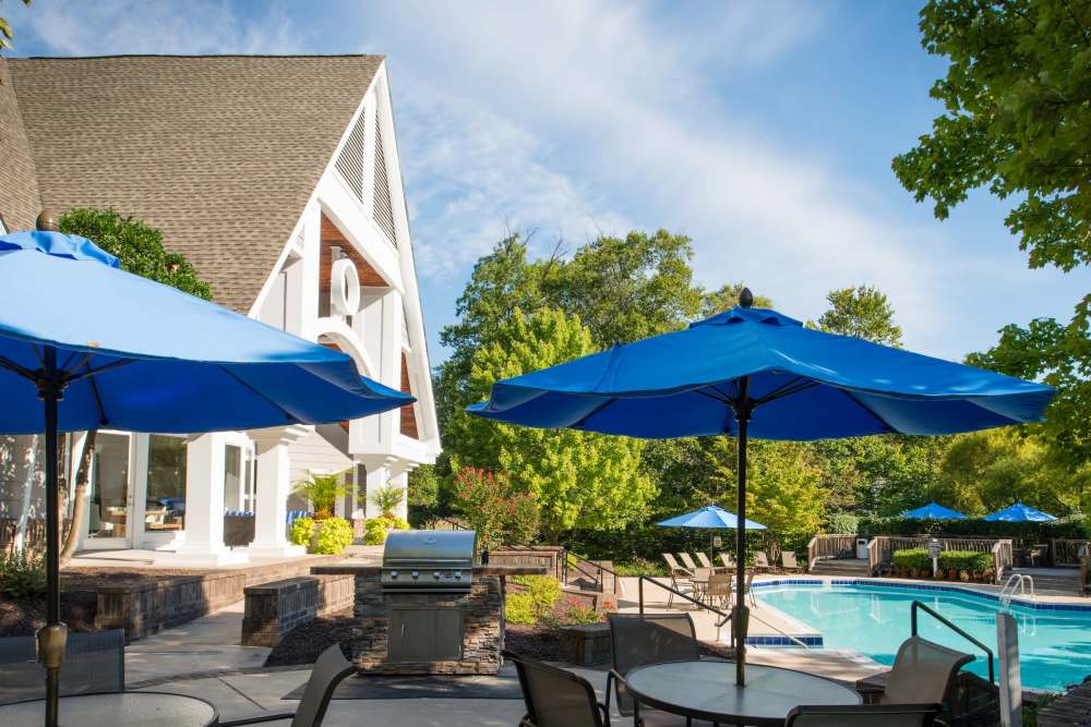 Sundeck near the pool at The Elms at Falls Run in Ellicott City, Maryland