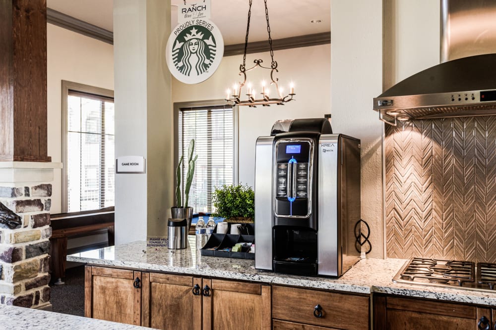 Rustic clubhouse with a full kitchen for entertain guests at Ranch ThreeOFive in Arlington, Texas